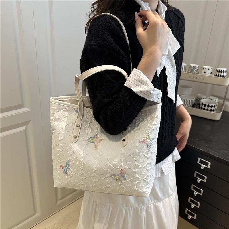 Casual Embroidered Butterfly Shoulder Bags for Women Sweet Ladies Large Capacity Handbags Plaid Portable College Girls Tote Bag