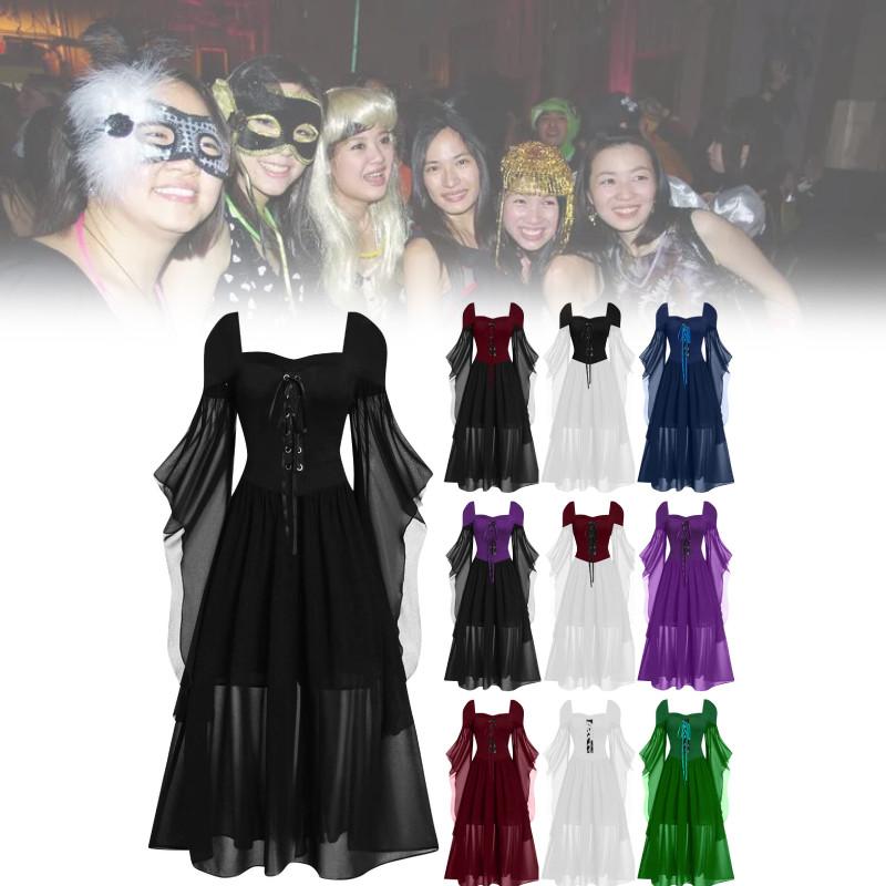 Halloween Women Adult Lacing Dress Medieval Witch Cosplay Costume Party Elegant