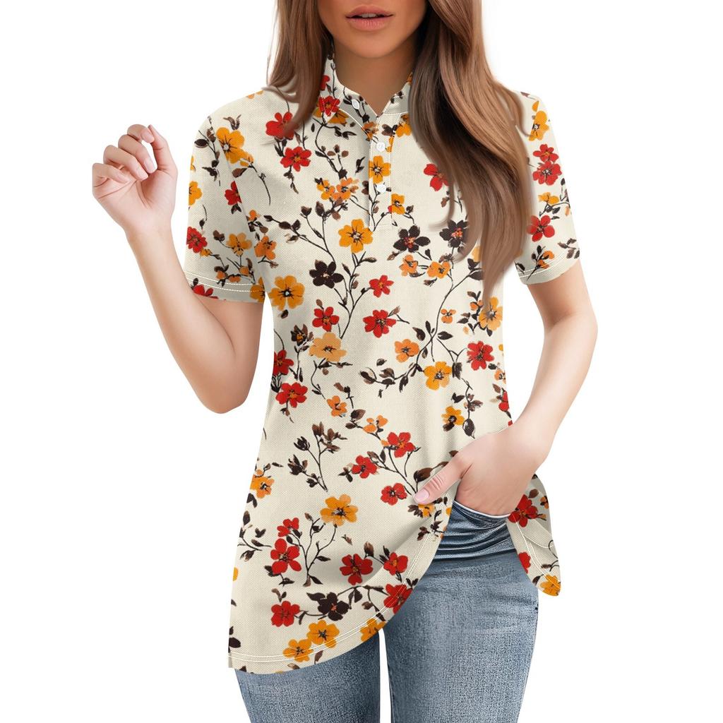 Damenmode Lässiges Revers Kurzarm-Print-Shirt Damen-Tops mit Knopfleiste