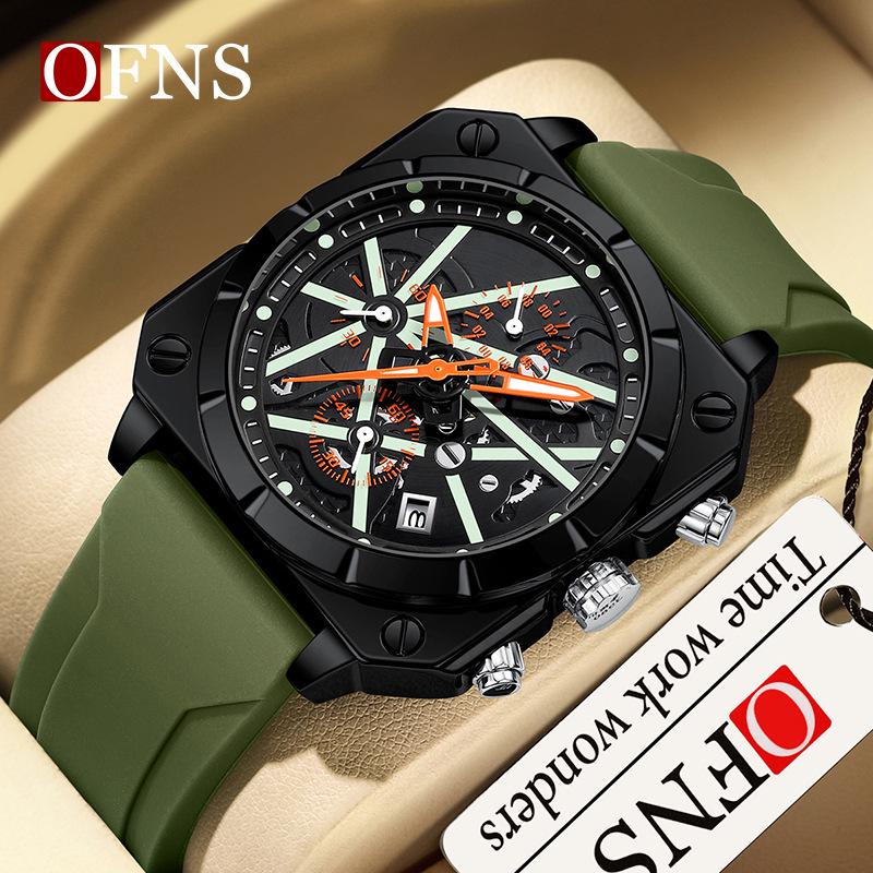 OFNS Men's Six-Needle Chronograph Quartz Watch with Luminous Bar Markers, Square Face, Waterproof, and Calendar.