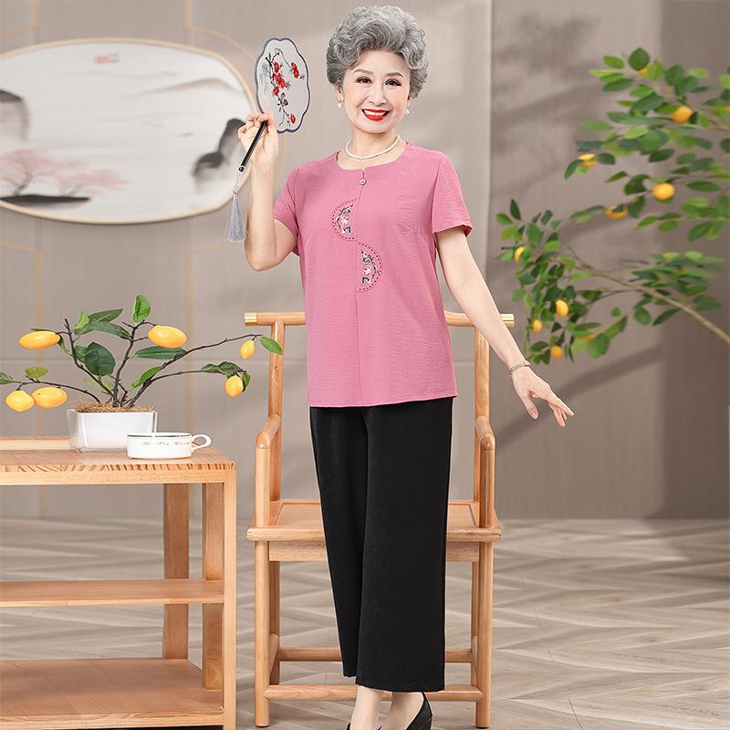 Grandma's Summer Casual Cotton & Linen Set: Short-Sleeve Embroidered T-Shirt for Elderly Women