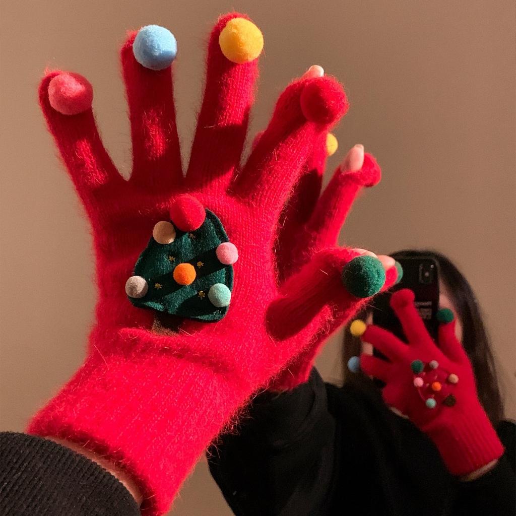 Cute Creative Red Christmas Tree Knitted Gloves for Women Winter Five Finger Warm Plush Windproof and Cold Proof Cycling Christmas