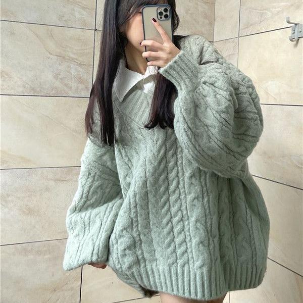 Dámský svetr s výstřihem do V Vintage Ležérní Volný Pevný Pletený Svetr Preppy Roztomilé topy Podzim Zima Korejský módní svetr