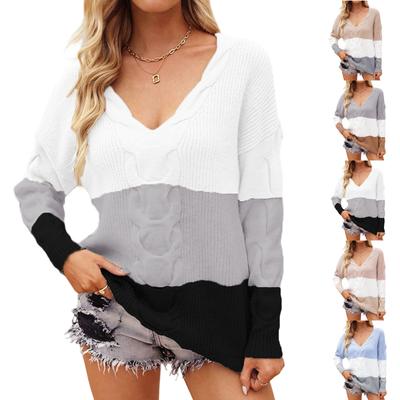 Women's Casual V-neck Fashion Colorblock Loose Pullover Long-sleeved Top