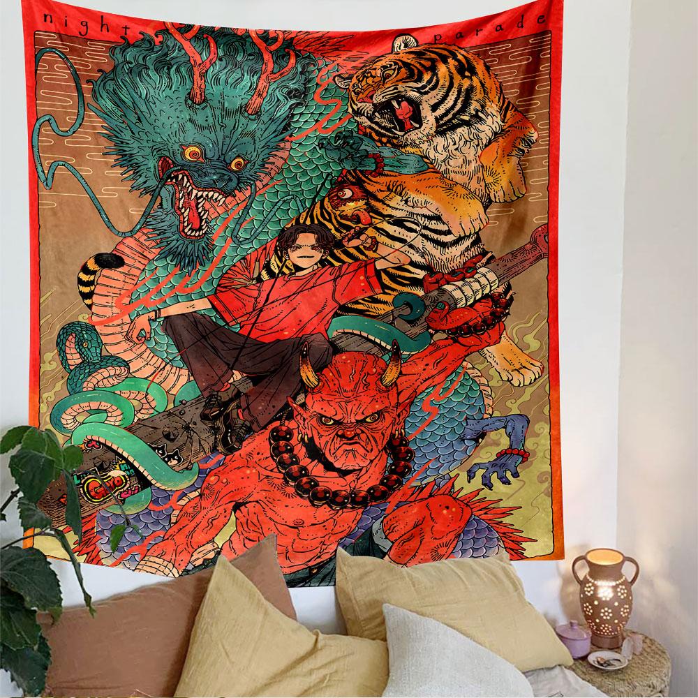 Night Parade Tapestry Wall Hanging, Japanese Yokai Festival Art, Oriental Wall Decor for Bedroom Living Room Dorm