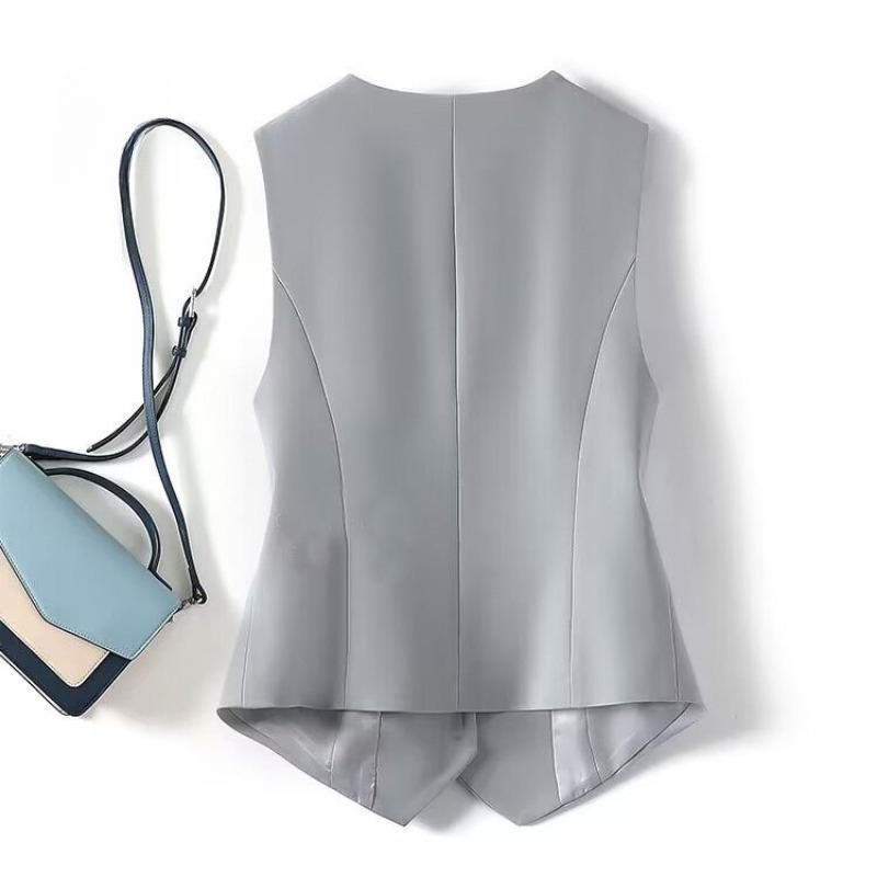 Women's Suit Waistcoat Solid Color Slim Fit Commuting Style Vest Jacket V-neck Pocket Decoration Short Ladies Top