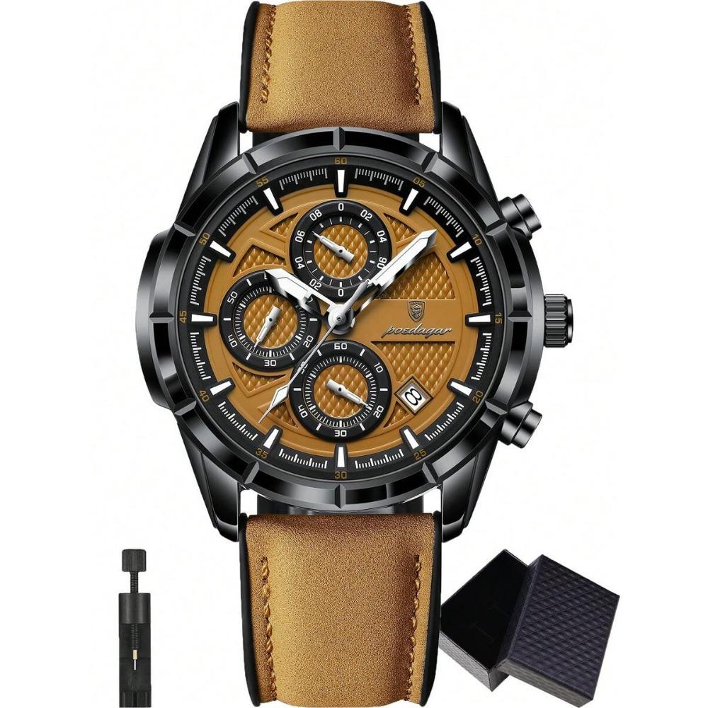 POEDAGAR 1pc Men's Fashion Casual Wristwatch, PU Leather Strap Quartz Watch,Waterproof Luminous Date Chronograph Design, Gift For Men