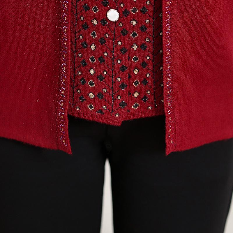 Modischer Patchwork-Strickjacke für Frauen mittleren Alters & ältere Frauen, Übergröße, Gestricktes Herbst/Winter Zweiteiler-Set