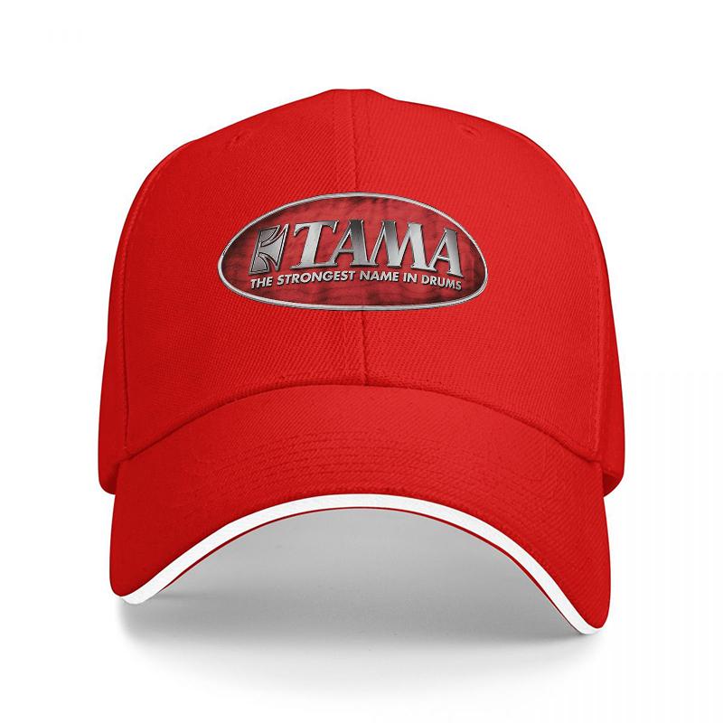 TAMA Drum Brand Baseball Cap with Red Oval Logo and White Trim Design for Music Enthusiasts and Drummers Worldwide Adjustable