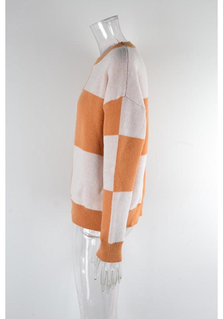 New 2026 Autumn/Winter Women's Plaid Color Block Round Neck Knit Pullover