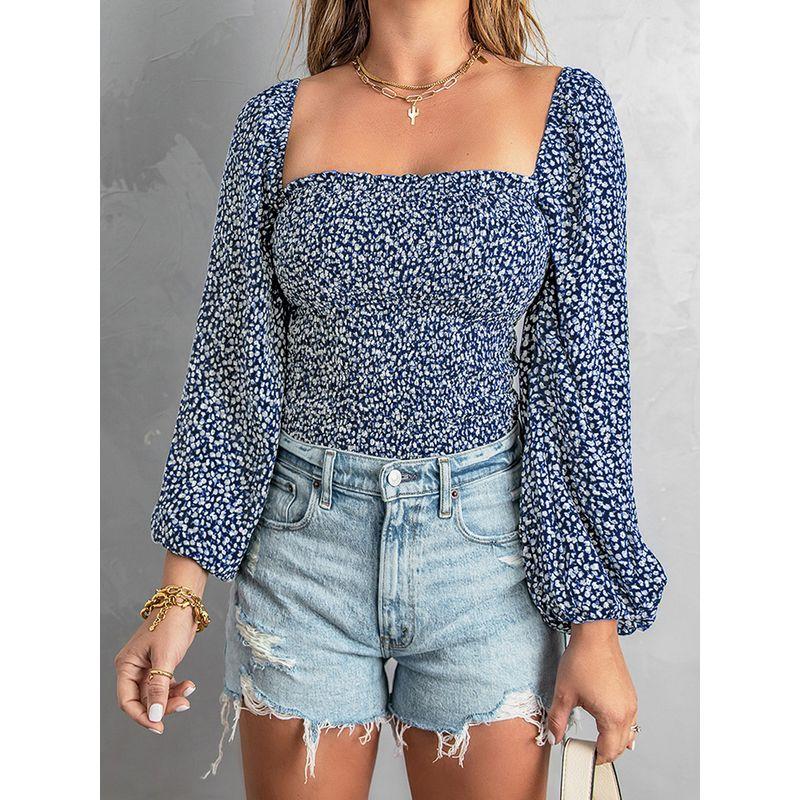 Slim Looking Square Collar Fashion Print Pullover Long Sleeves T-shirt