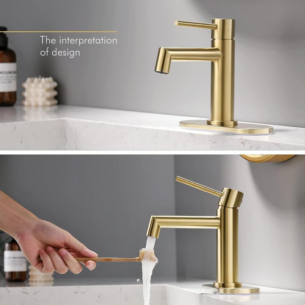 Brushed Gold Bathroom Faucet with Plastic Pop Up Drain, 6.25'' Metal Escutcheon and Supply Lines, Single Handle Stainless Basin Mixer Tap, Modern