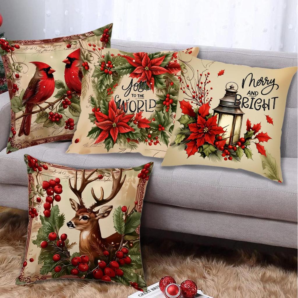 Christmas Cushion Covers 18x18 Inch Linen Red Red Bird Flower Pillow Covers Christmas Decorations For Sofa Bed Farmhouse Winter