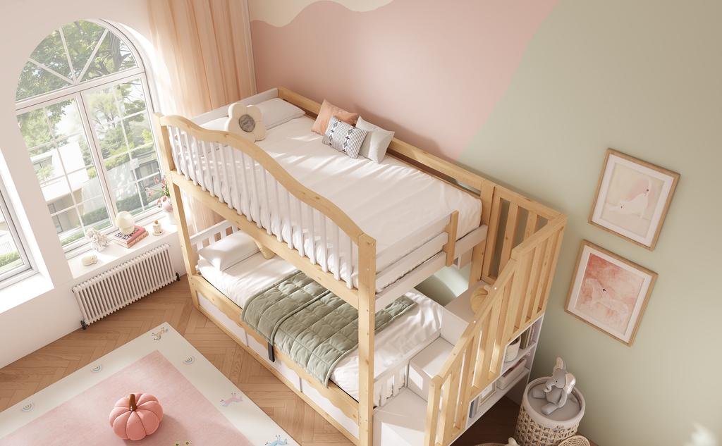 Bunk Bed 90x200 with Hydraulic Storage - Safety Stairs & Shelf, Fall Protection, EN 747-1:2024 Certified, White & Oak, 252x98x170cm