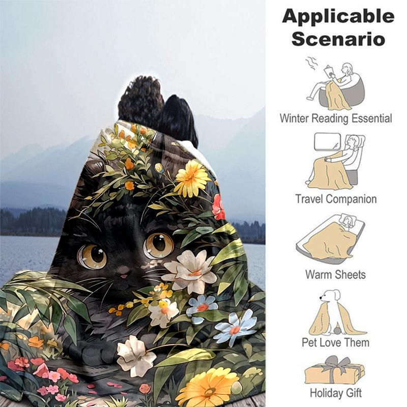 1pc Black Cat Flower Blanket  Soft & Cozy, Perfect Gift for Any Occasion,Living Room, Travel, Camping, Car Blankets