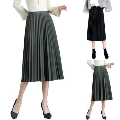 Spring Mid Length Slim Versatile High Waist Elegant Pleated Skirt