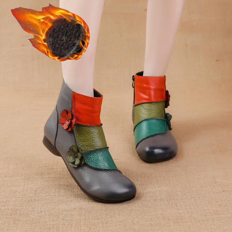 Warm Plush Ankle Boots Women's Luxury  Shoes Genuine Leather Booties Woman Designer Patches Boho Boots Ladies Chic Shoes