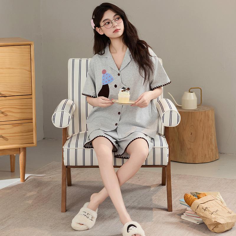 1A antibacterial pure cotton pajamas women's summer with chest pads, short sleeves, plus size 50kg girls' loungewear three-piece set