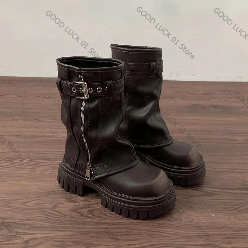 

Мода 2025 Зима Женские Байкерские Сапоги Модная Пряжка на Ремне Дамские Элегантные Плоские Ботильоны на Платформе Повседневные Женские Рыцарские Ботильоны 40 коричневый