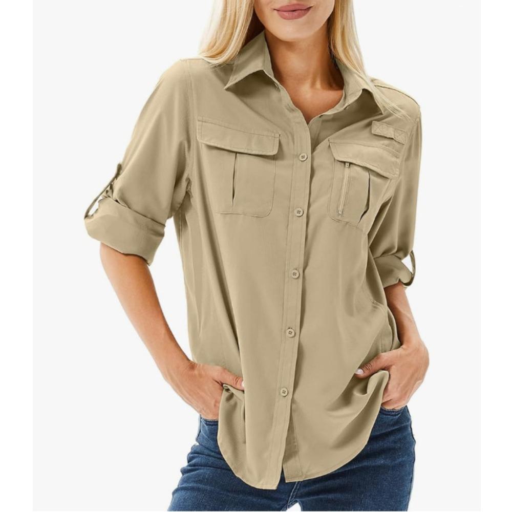 Women's Collared Long‑Sleeve Quick‑Dry Breathable Utility Shirt With Dual Chest Pockets For Outdoor Wear