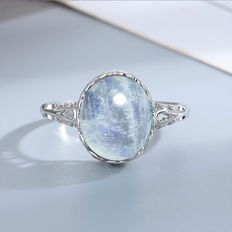 Silver  Ring 10*12MM Round Natural Moonstone Amethyst Agate Stone Vintage Ring For Women Party Gifts