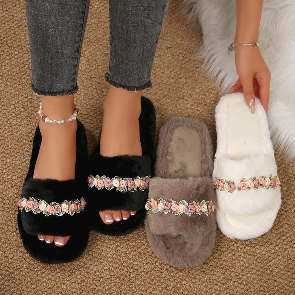 Florale Plüschpantoffeln für Damen Bequeme Pantoletten Flach Indoor - Sandalen Hausschuhe