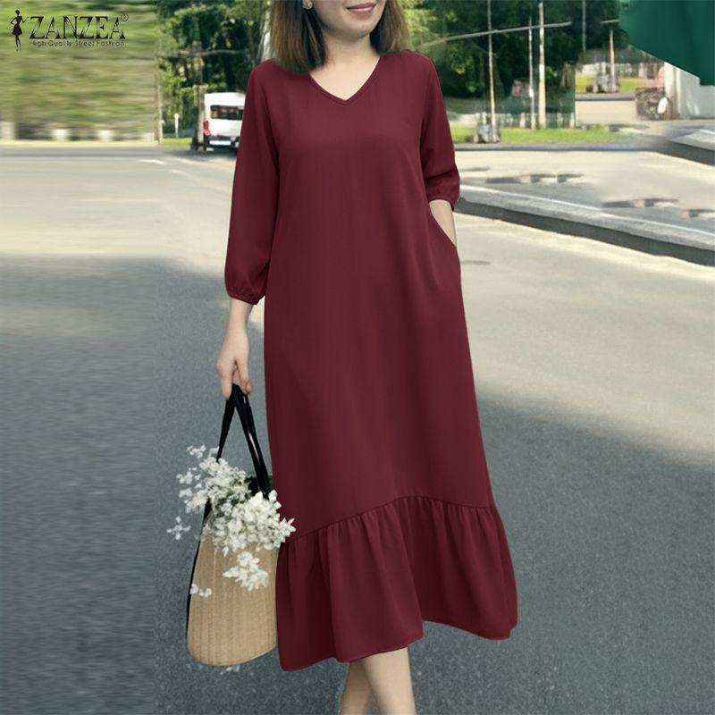 ZANZEA Women Casual V-Neck Solid Color 3/4 Sleeve Midi Dress