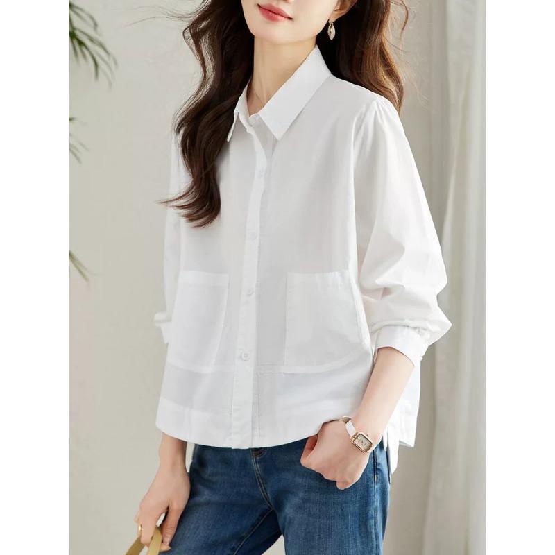 

White Shirt Women s Long-sleeved Spring and Autumn New Design Niche Fashion Double Side Pocket Loose Cotton Shirt Top XL білий