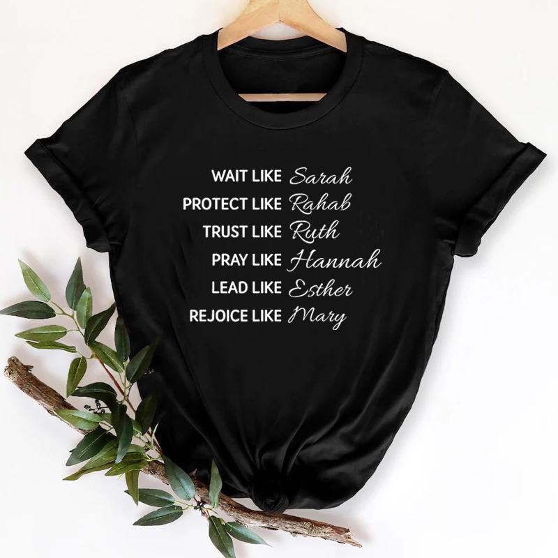 

Wait Like Sarah Letter Print Christian T Shirt Women Bible Verse Graphic Tshirts Short Sleeve Religious Faith Tee Tops Gifts 4XL