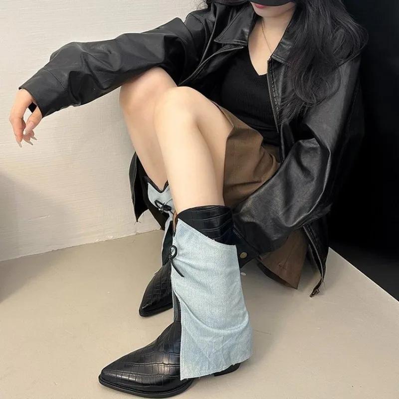 Mode Herbst/Winter 2025 Neue Nische Western Denim Stiefeletten Feminin Spitz Zehen Schleife Ärmel Blockabsatz Stiefel