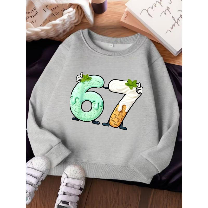 Unisex Kids Crewneck Sweatshirt For Over 4 Years Old Boys Girls Cartoon Mint Cream Waffle Ice Cream Shaped Number 67 Pullover Top For 4-12 Children