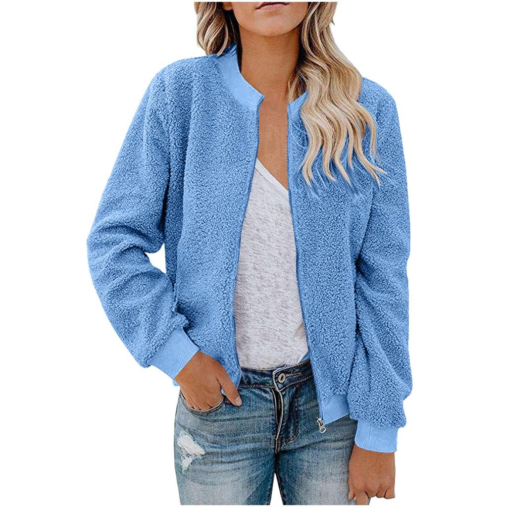 Damska Modna Ciepła Kurtka Ze Strzyżonego Futra z Zapinanym Na Zamek Jednokolorowa Odzież Wierzchnia