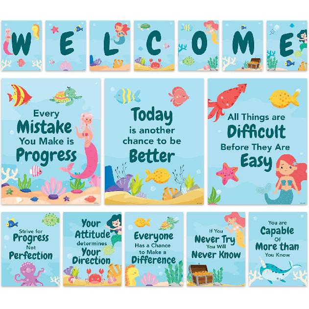 Decorably 15 Chalkboard Welcome Back to School Bulletin Board Decorations, pirational, Matte-Laminated Posters - for Classroom, School Hallways