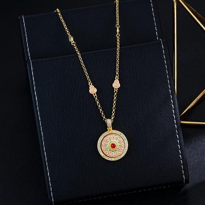Halskette im chinesischen Stil mit goldener Kalebasse, Diamantanhänger für Glück und drehbarem Kompassanhänger für Damen
