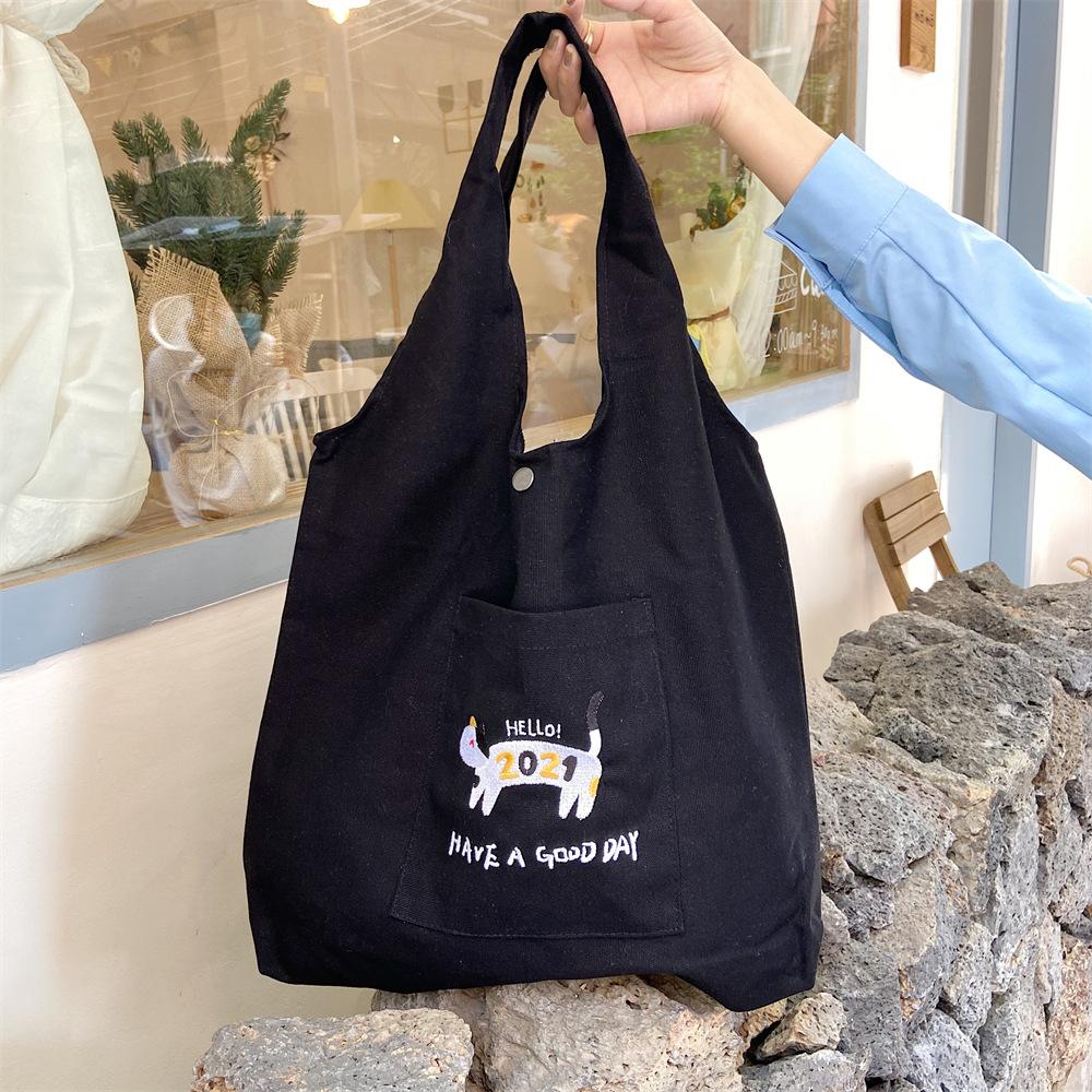 

1 Embroidered cat student vest bag shoulder tote bag shopping canvas bag large capacity leisure bag чёрный