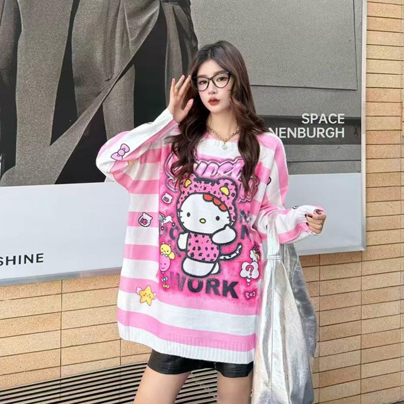 Korean Style Rhinestone Cartoon Pullover Sweater - Cute Round Neck Long Sleeve Knitwear for Women