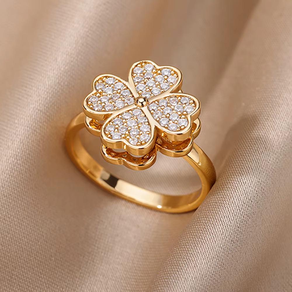 18K Gold Plated Open Ring with Zirconia Leaf Design - Luxurious, Non-Fading, Ideal for Women