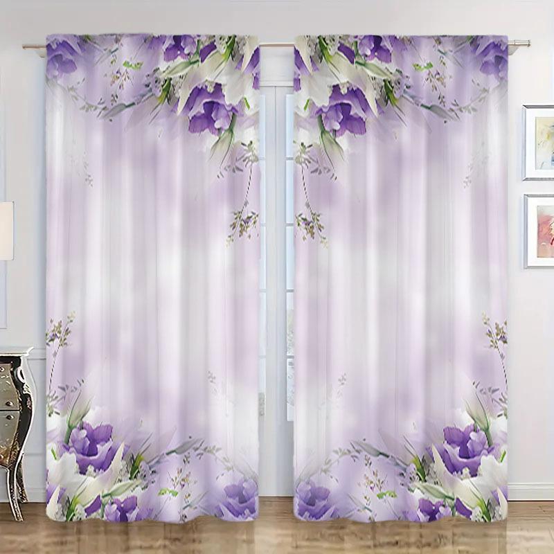 2 Pcs Elegant Purple & White Ombre Floral Curtains – Modern Rod Pocket Design for Living Room & Kitchen Decor