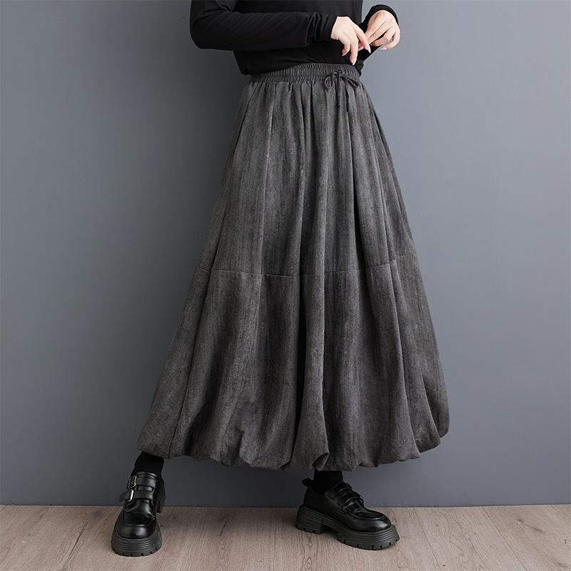 Весна Осень Винтажная Юбка Плиссе с Завышенной Талией Женская Большого Размера Модная на Кулиске Свободная Повседневная Юбка Миди Одежда One Size черный серый