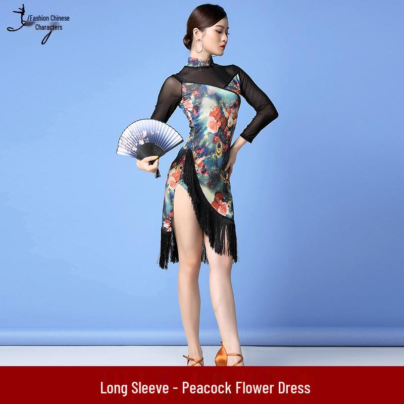 Autumn New Latin Dance Mesh Tassel Cheongsam Dress for Women - Practice & Performance