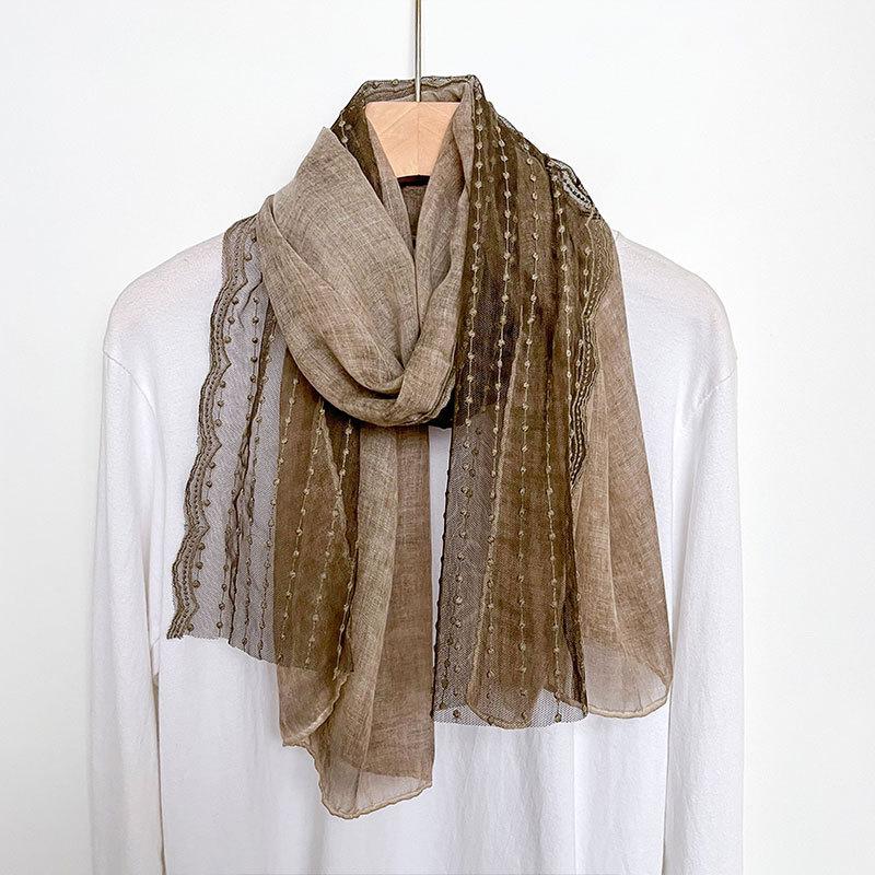 Artistic Celebrity Lace Cotton Linen Scarf for Women In Summer Air-conditioned Room Neck Protection Shawl Travel Scarf