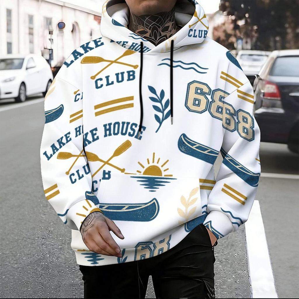Men Plus Size White Sailboat Printed Long Sleeve Drawstring Hoodie Kangaroo Pocket Pullover