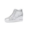 Women Wedge Platform Sneakers Rubber Brogue Leather High Heels Lace Up Shoes Pointed Toe Height Increasing Creepers White Silver