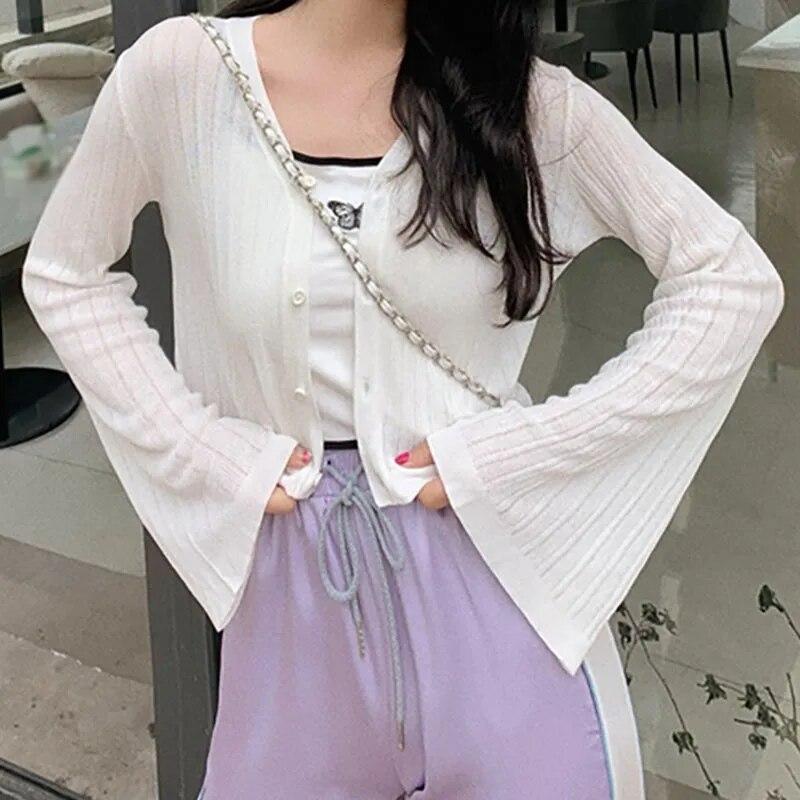 

Легкий вязаный кардиган с рукавами-трубой, женская солнцезащитная куртка-рубашка