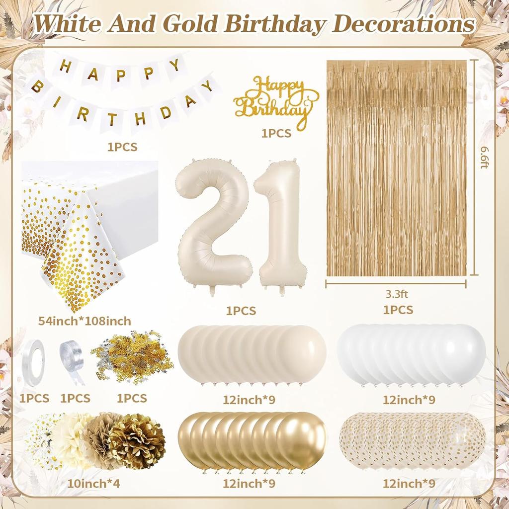 21st Birthday Decorations for Her, Happy 21st Bday Decorations White and Gold Balloons Happy Birthday Banner Tablecloth Fringe Curtain Cake Topper