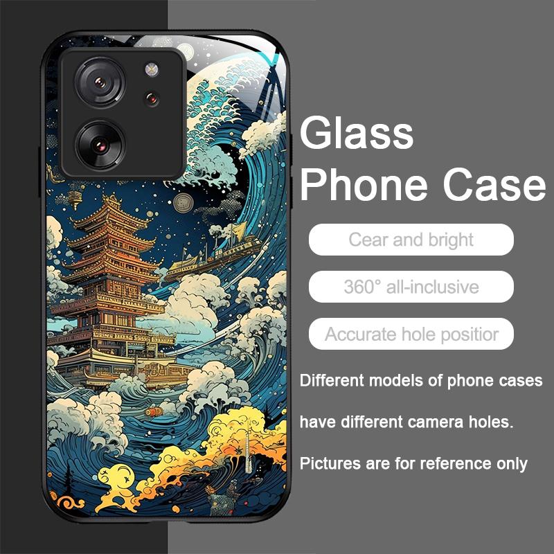 Tempered Glass Phone Case for Motorola Moto G85 G84 G75 G55 Edge 50 Fusion 40 Neo 30 Pro Japanese Ancient Structure Waves Cover