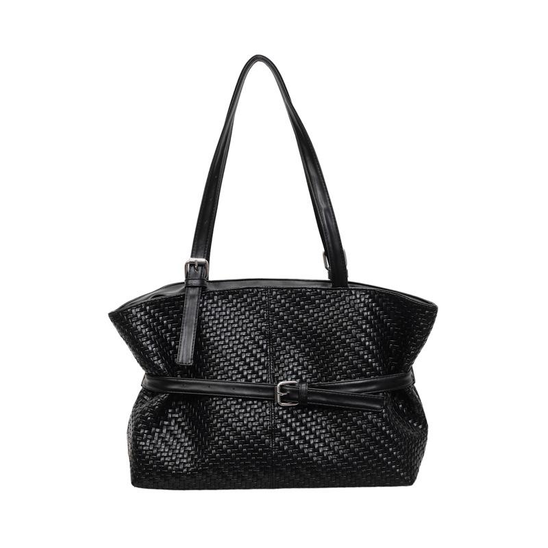 

Woven Texture Pleated Tote Bag Large Capacity Soft Leather Shoulder Bag With Belt Strap Design Women Commuting Underarm Handbag чёрный