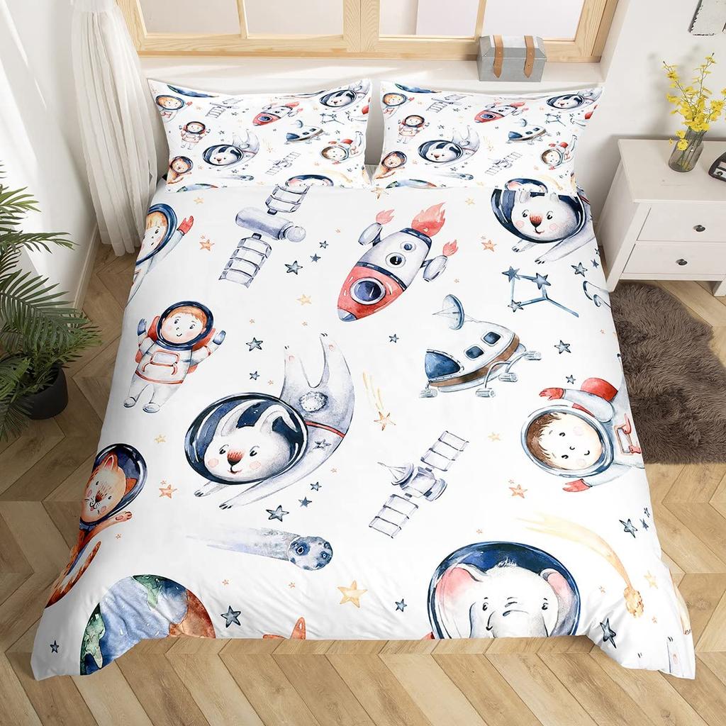 Cartoon Rabbit Duvet Cover Twin Cute Animal On The Moon Quilt Cover Microfiber Cloud Galaxy Space Bedding Set for Boy Girl Gift