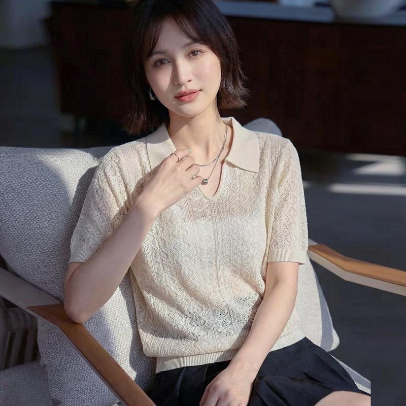 

Women s Summer Short Sleeve Slimming Wool Knit Polo Medium