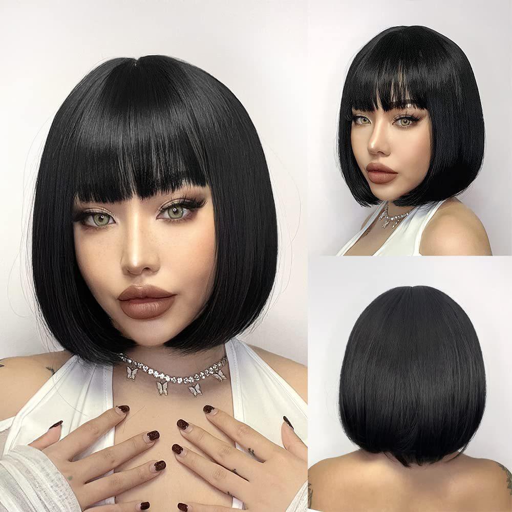 Wig European American Women's Fashionable Synthetic Head Cover Purple Gradient Color Bangs Short Straight Hair Wavy Inner Buckle